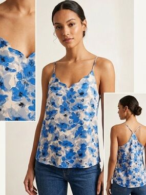 NWT Blue Floral Scalloped Camisole – Spaghetti Strap Silk-Feel Tank